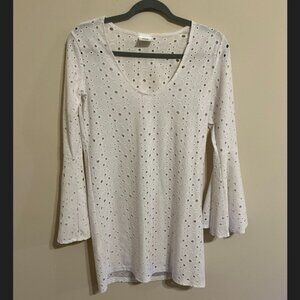 Alexa & Stella White Eyelet Bell Sleeve Swim Cover-Up Women's Size M